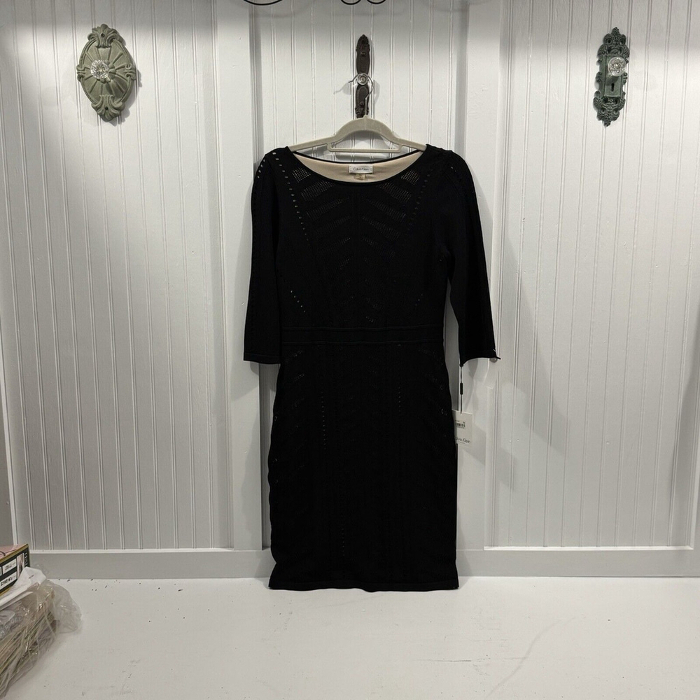 New CALVIN KLEIN WOMEN'S DRESS BLACK SIZE SMALL Crochet Style Over Nude /beige
